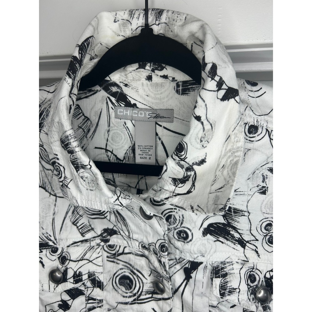 Chicos Platinum White Black Abstract Butterfly Print Denim Jacket Metallic 2 - Picture 2 of 9